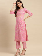 Sangria Floral Printed Pure-Cotton Straight Kurta With Trouser & Dupatta | Grocsy