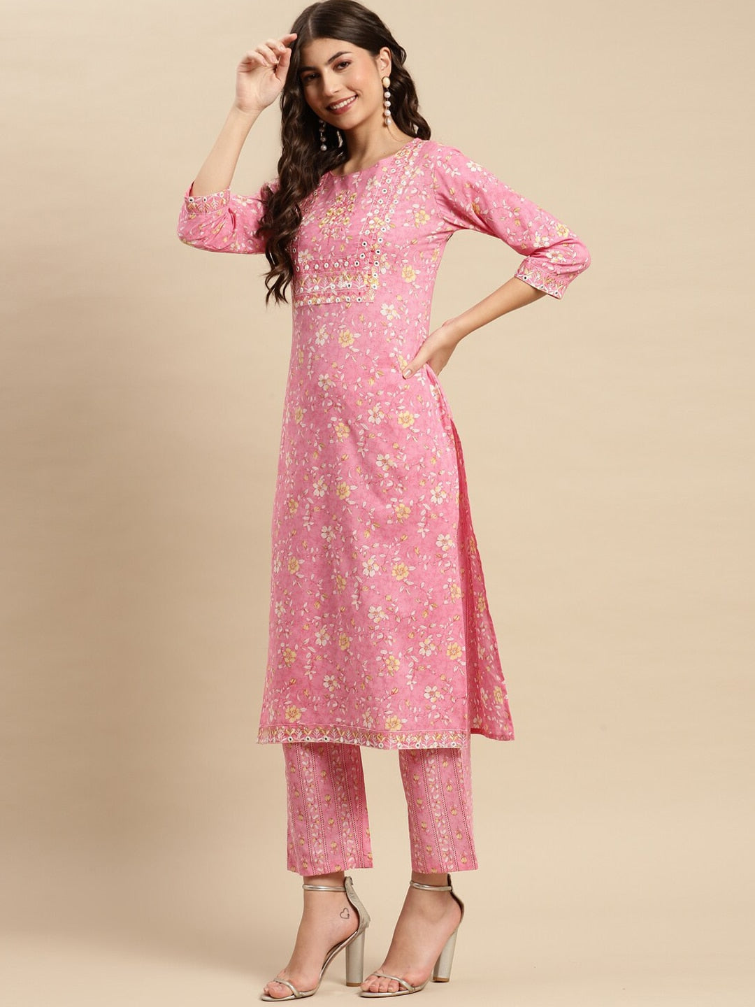 Sangria Floral Printed Pure-Cotton Straight Kurta With Trouser & Dupatta | Grocsy