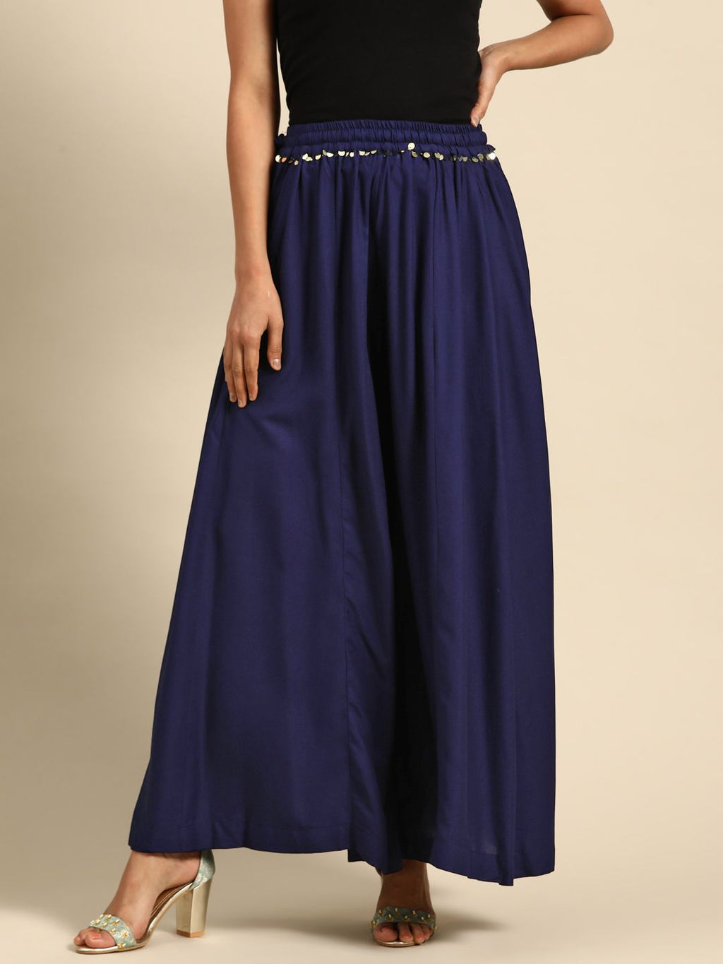 TAG 7 Women Navy Blue Solid Flared Palazzos | Grocsy