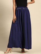 TAG 7 Women Navy Blue Solid Flared Palazzos | Grocsy