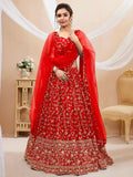 Tulsi Art Attractive Red Embroidered Georgette Wedding Wear Lehenga Choli | Grocsy