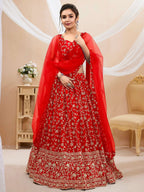 Tulsi Art Attractive Red Embroidered Georgette Wedding Wear Lehenga Choli | Grocsy