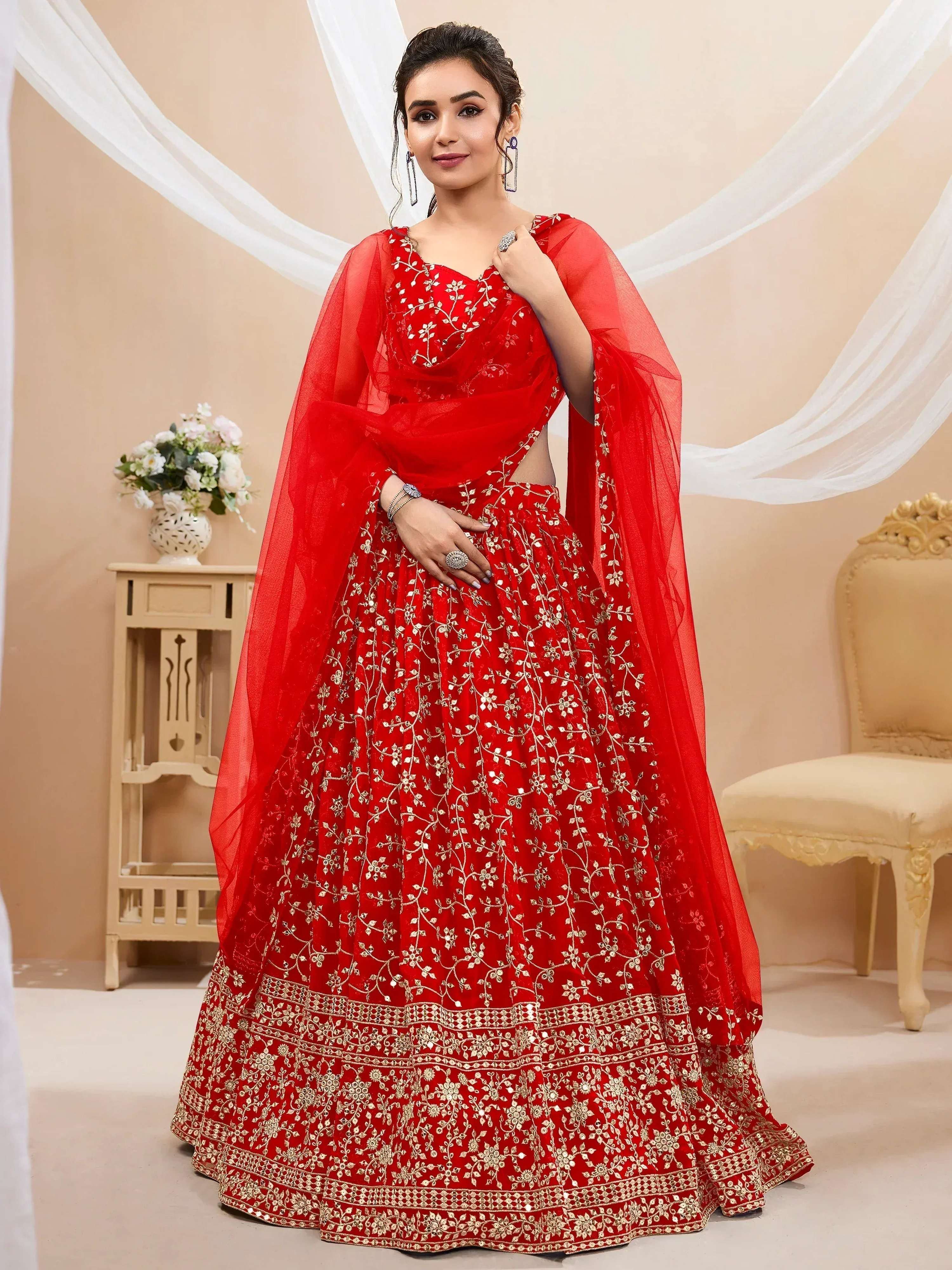 Tulsi Art Attractive Red Embroidered Georgette Wedding Wear Lehenga Choli | Grocsy