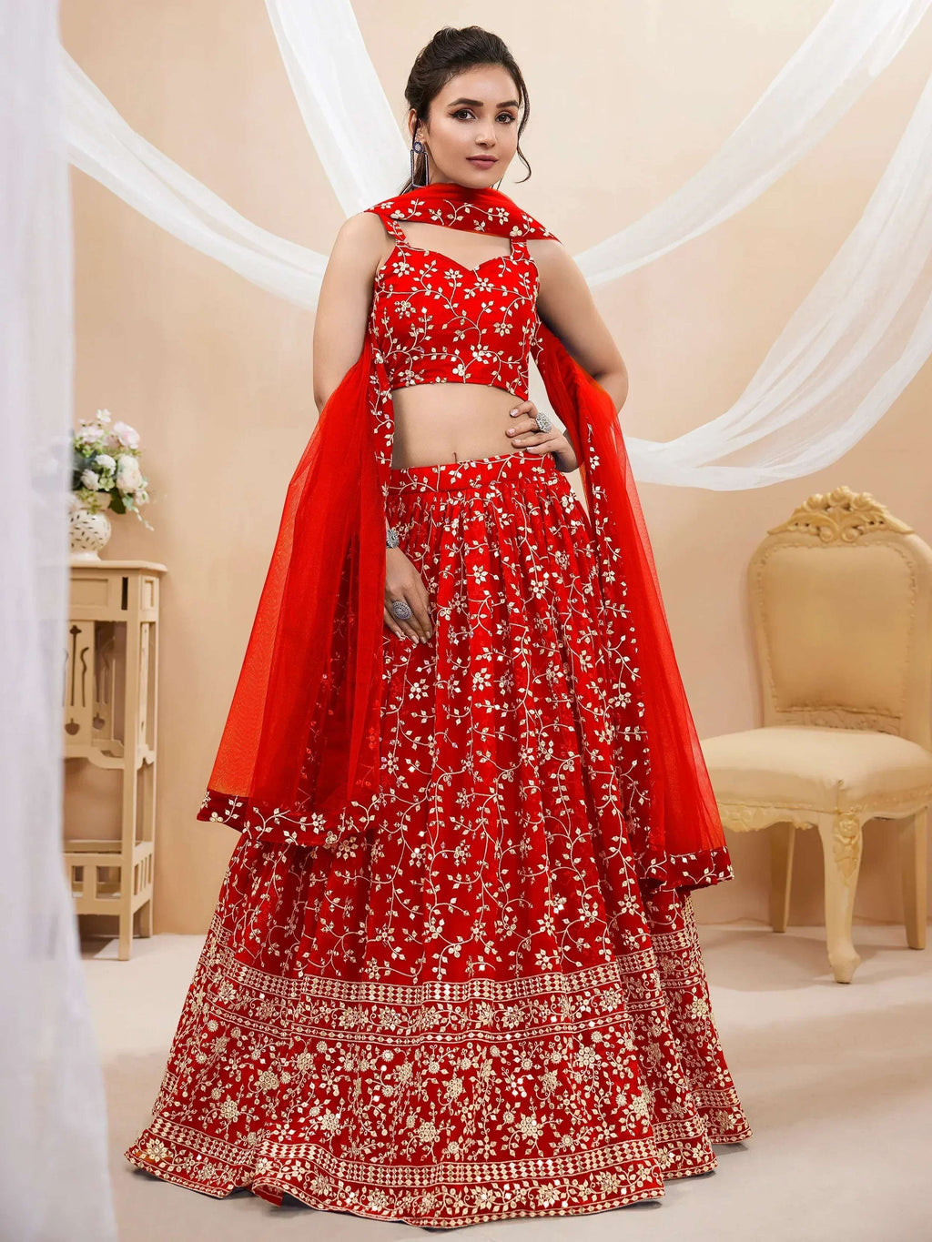 Tulsi Art Attractive Red Embroidered Georgette Wedding Wear Lehenga Choli | Grocsy