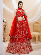 Tulsi Art Attractive Red Embroidered Georgette Wedding Wear Lehenga Choli | Grocsy