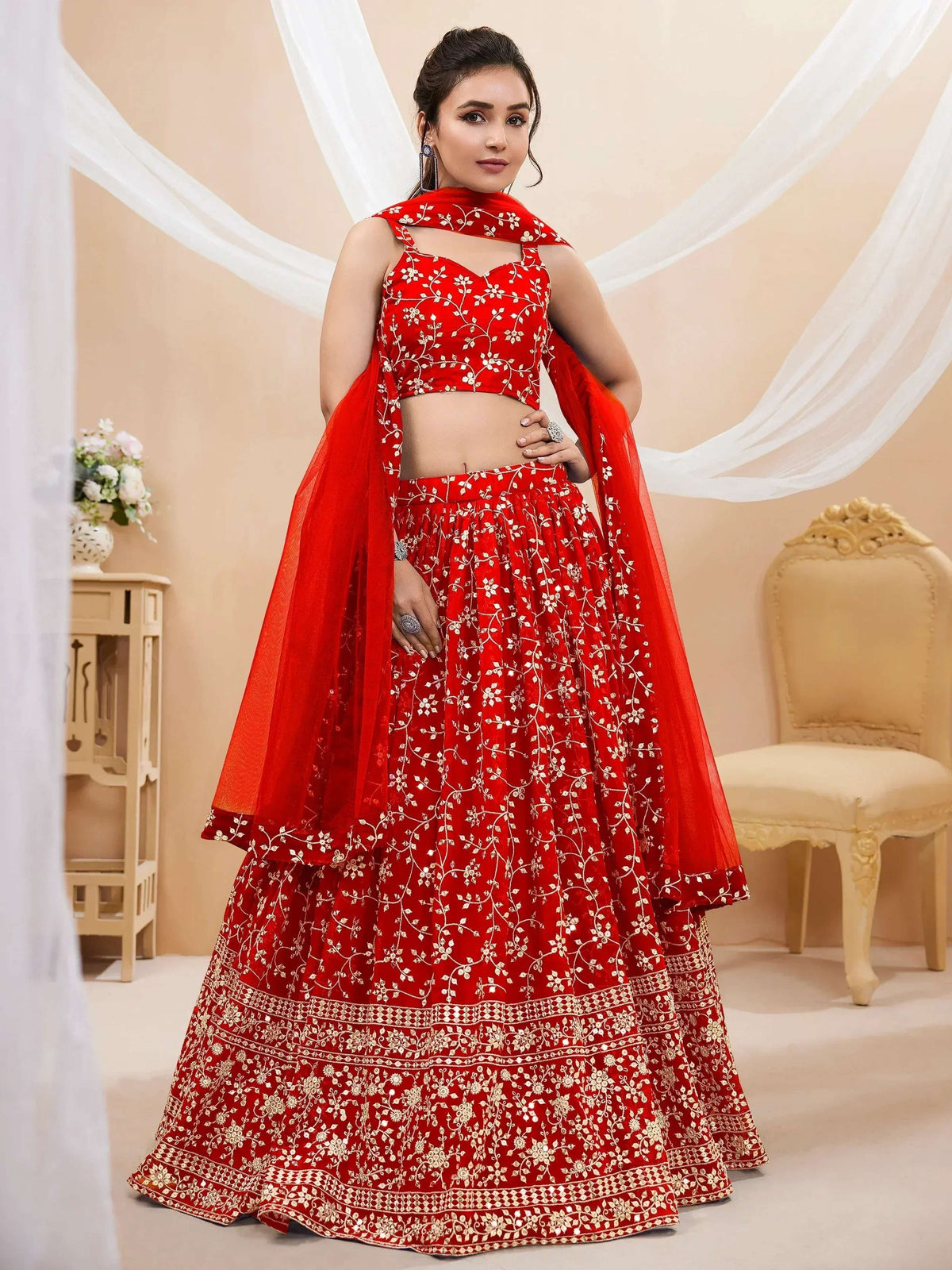 Tulsi Art Attractive Red Embroidered Georgette Wedding Wear Lehenga Choli | Grocsy