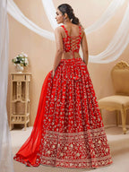 Tulsi Art Attractive Red Embroidered Georgette Wedding Wear Lehenga Choli | Grocsy
