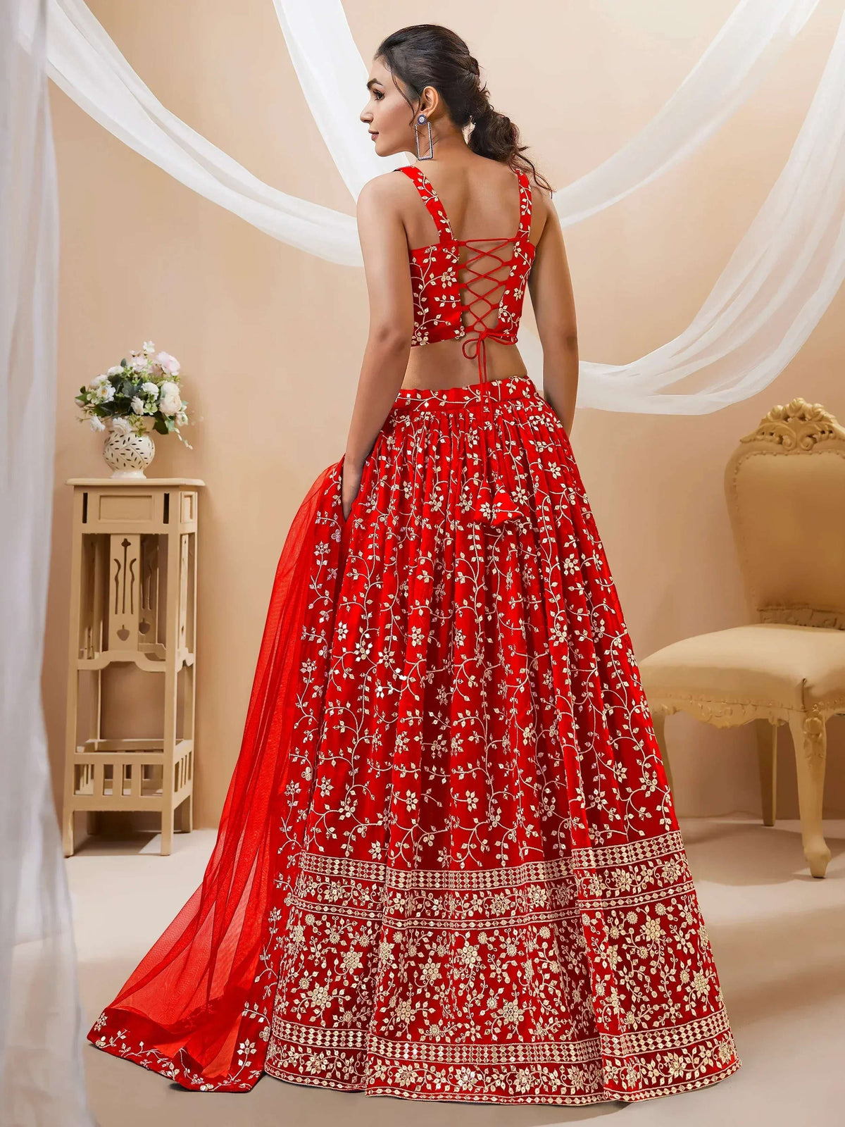 Tulsi Art Attractive Red Embroidered Georgette Wedding Wear Lehenga Choli | Grocsy
