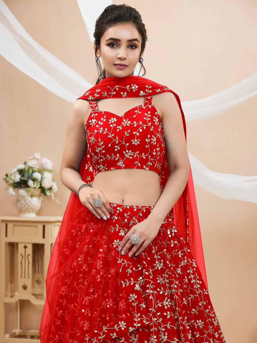 Tulsi Art Attractive Red Embroidered Georgette Wedding Wear Lehenga Choli | Grocsy