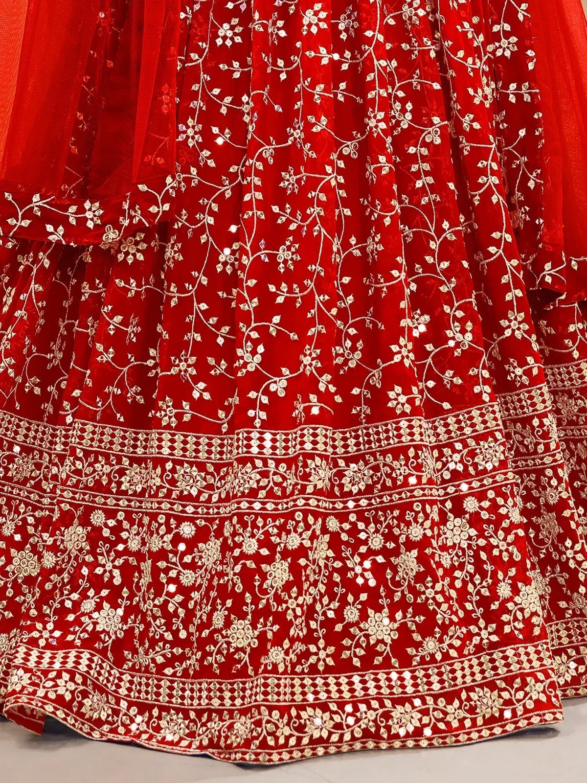 Tulsi Art Attractive Red Embroidered Georgette Wedding Wear Lehenga Choli | Grocsy