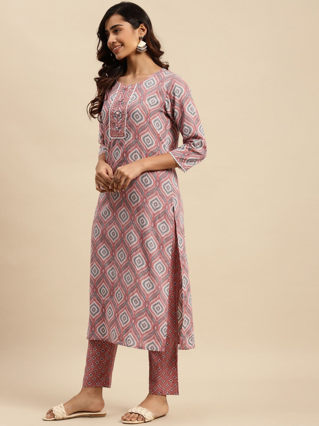 Sangria Ethnic Motif-Printed Sequinned Pure-Cotton Straight Kurta With Trouser & Dupatta | Grocsy