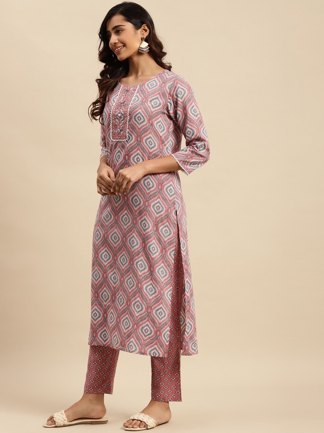 Sangria Ethnic Motif-Printed Sequinned Pure-Cotton Straight Kurta With Trouser & Dupatta | Grocsy