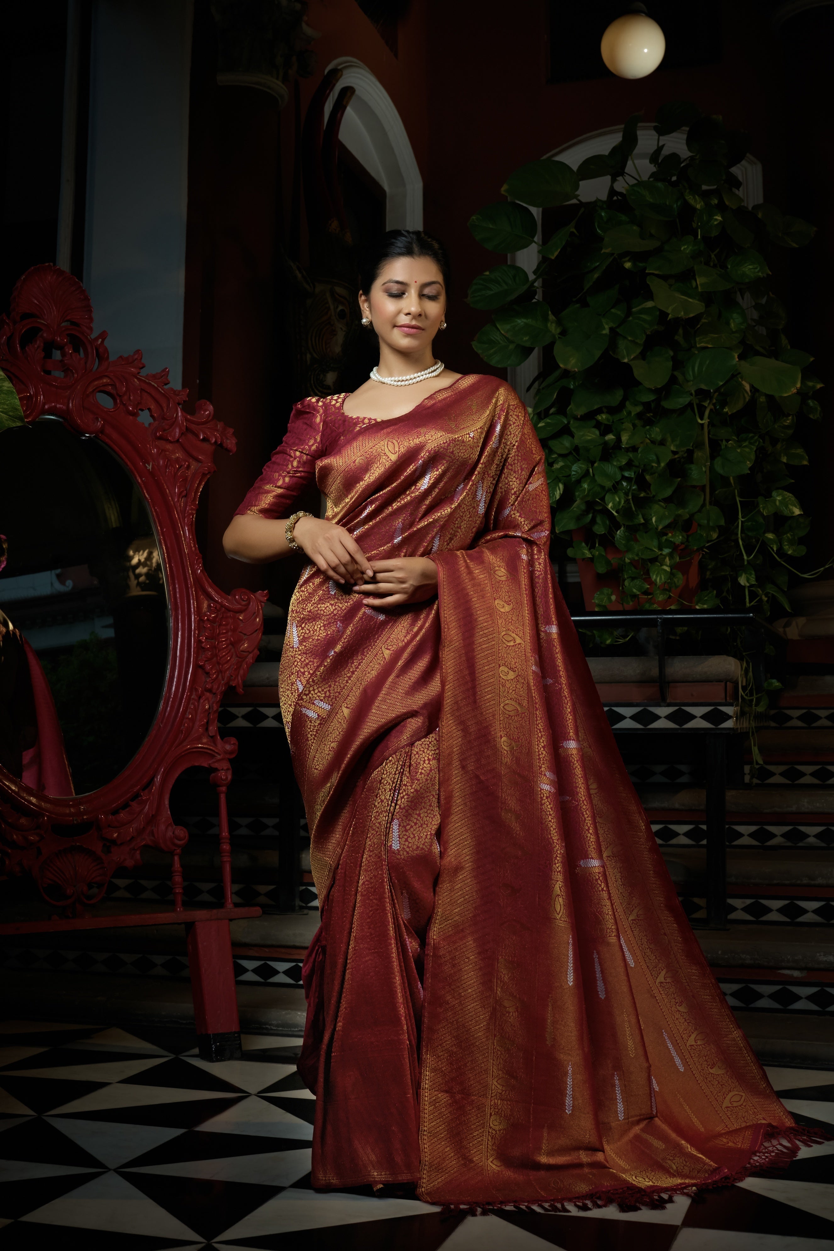 Vardha Sanguine Maroon Copper-Silver Zari Kanjeevaram Silk Saree | Grocsy