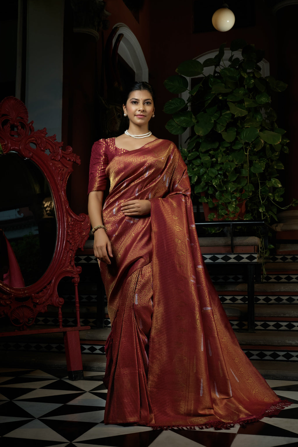Vardha Sanguine Maroon Copper-Silver Zari Kanjeevaram Silk Saree | Grocsy