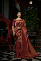 Vardha Sanguine Maroon Copper-Silver Zari Kanjeevaram Silk Saree | Grocsy