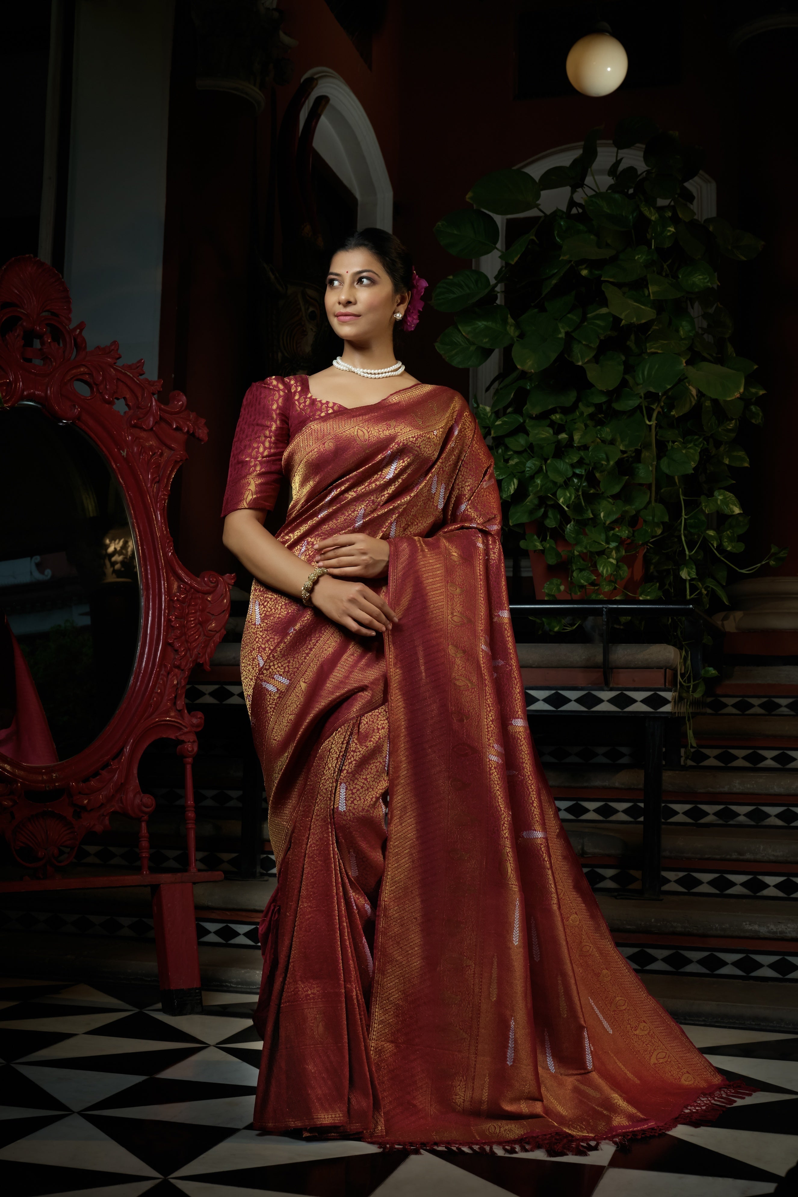 Vardha Sanguine Maroon Copper-Silver Zari Kanjeevaram Silk Saree | Grocsy