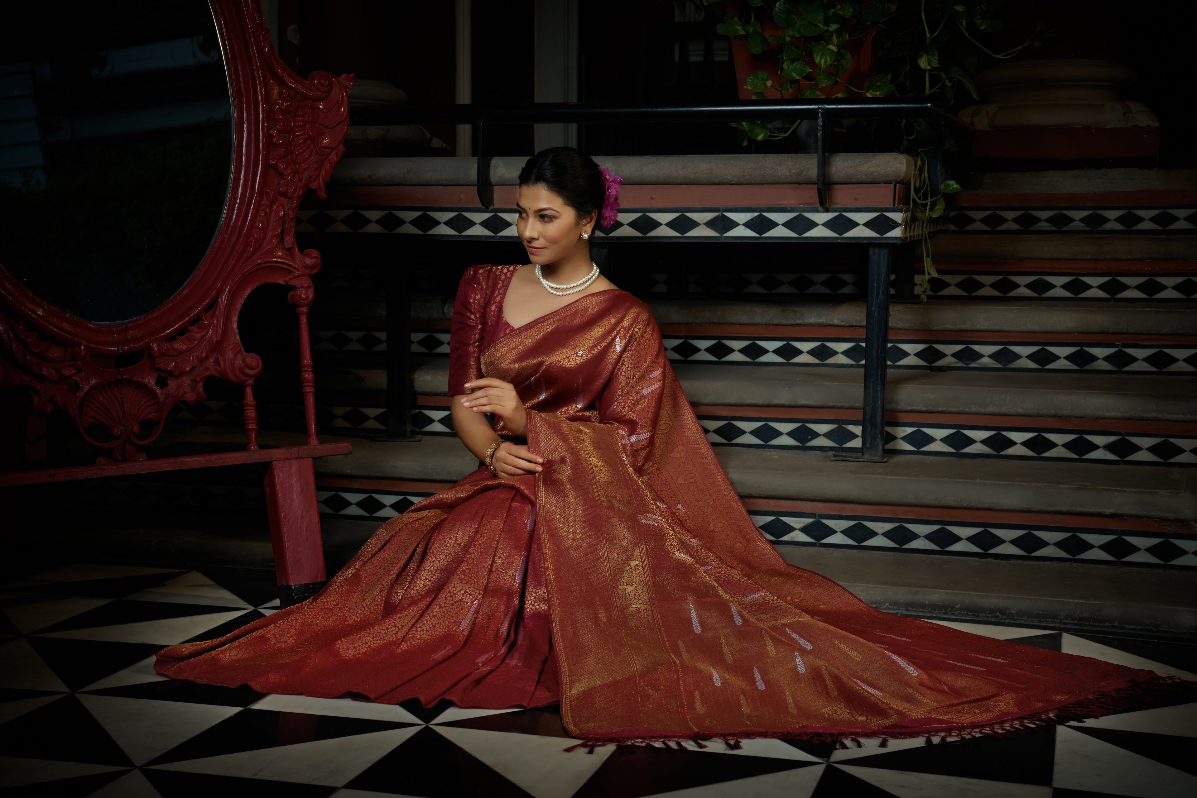Vardha Sanguine Maroon Copper-Silver Zari Kanjeevaram Silk Saree | Grocsy