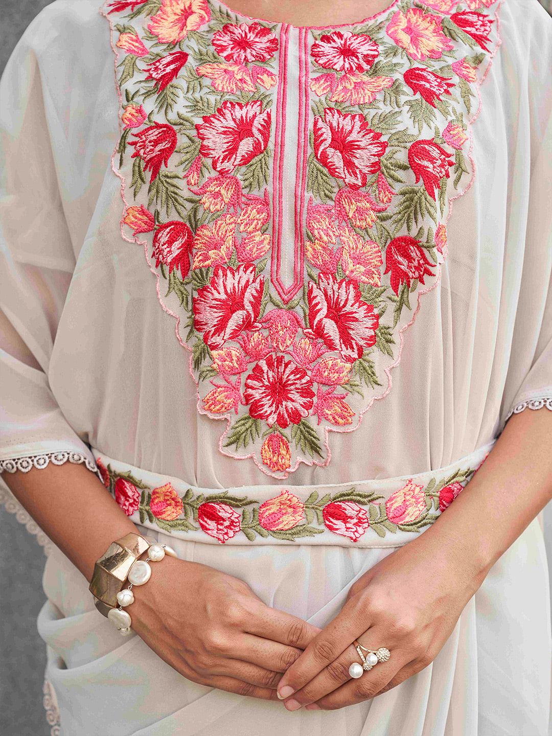 Tikhi Imli Embroidered Kaftan Saree With Belt | Grocsy