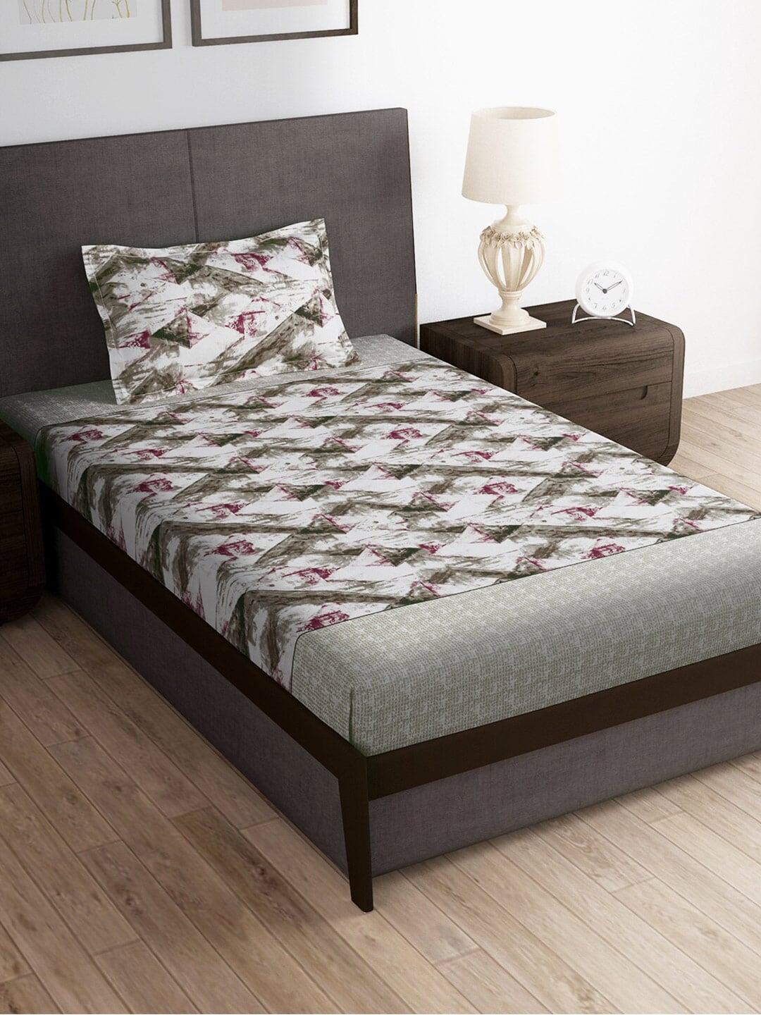 Story@home Brown & Pink Abstract Microfiber 180 TC Bedsheet With Pillow Cover | Grocsy