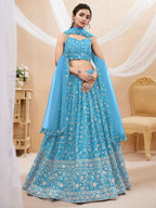 Tulsi Art Gorgeous Sky Blue Embroidered Georgette Reception Wear Lehenga Choli | Grocsy