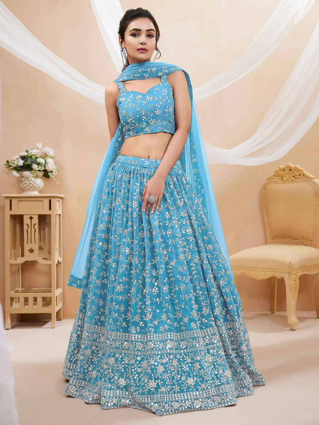Tulsi Art Gorgeous Sky Blue Embroidered Georgette Reception Wear Lehenga Choli | Grocsy