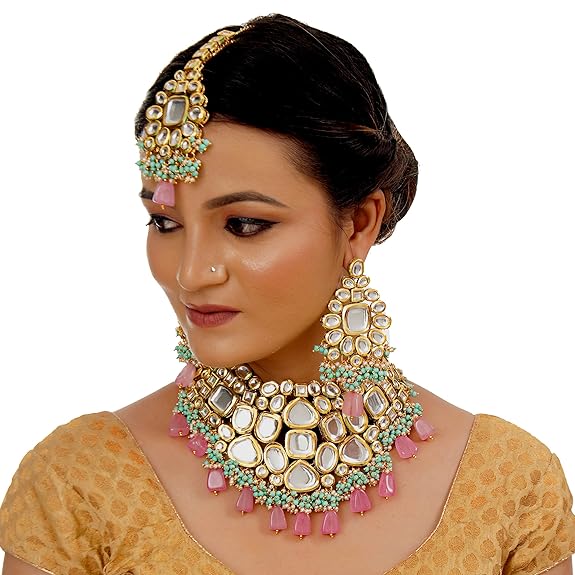 Tehzeeb Creations Back Meenakari Gold-Polished Multicolor Color Tika Earring Jewellery Set Uncut Big Faux Kundan Dibbi Kundan Choker Necklace Set | Grocsy