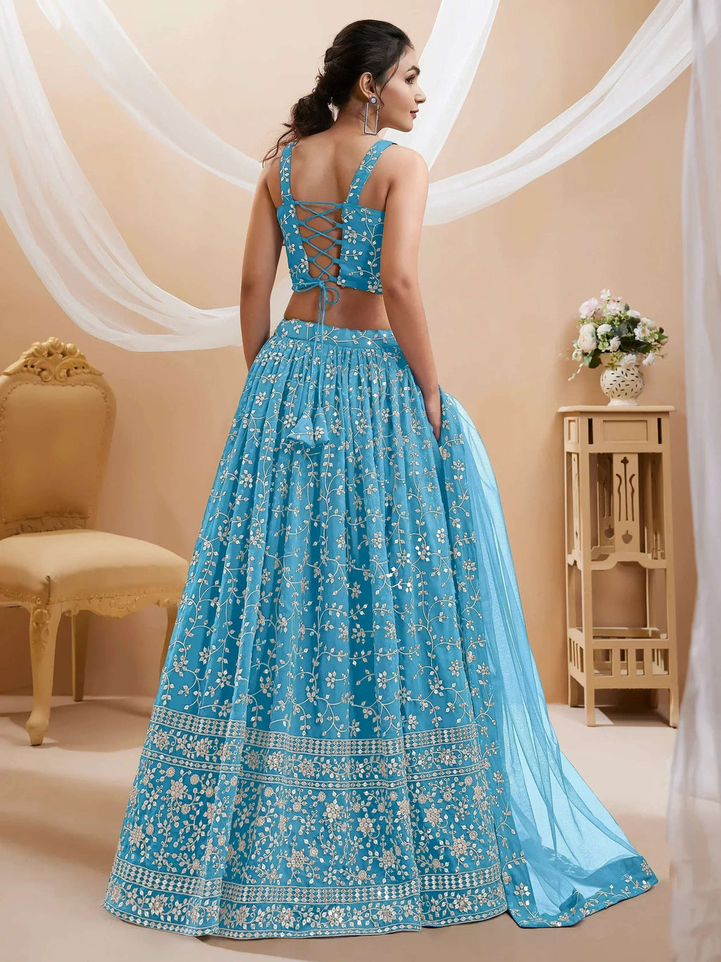 Tulsi Art Gorgeous Sky Blue Embroidered Georgette Reception Wear Lehenga Choli | Grocsy