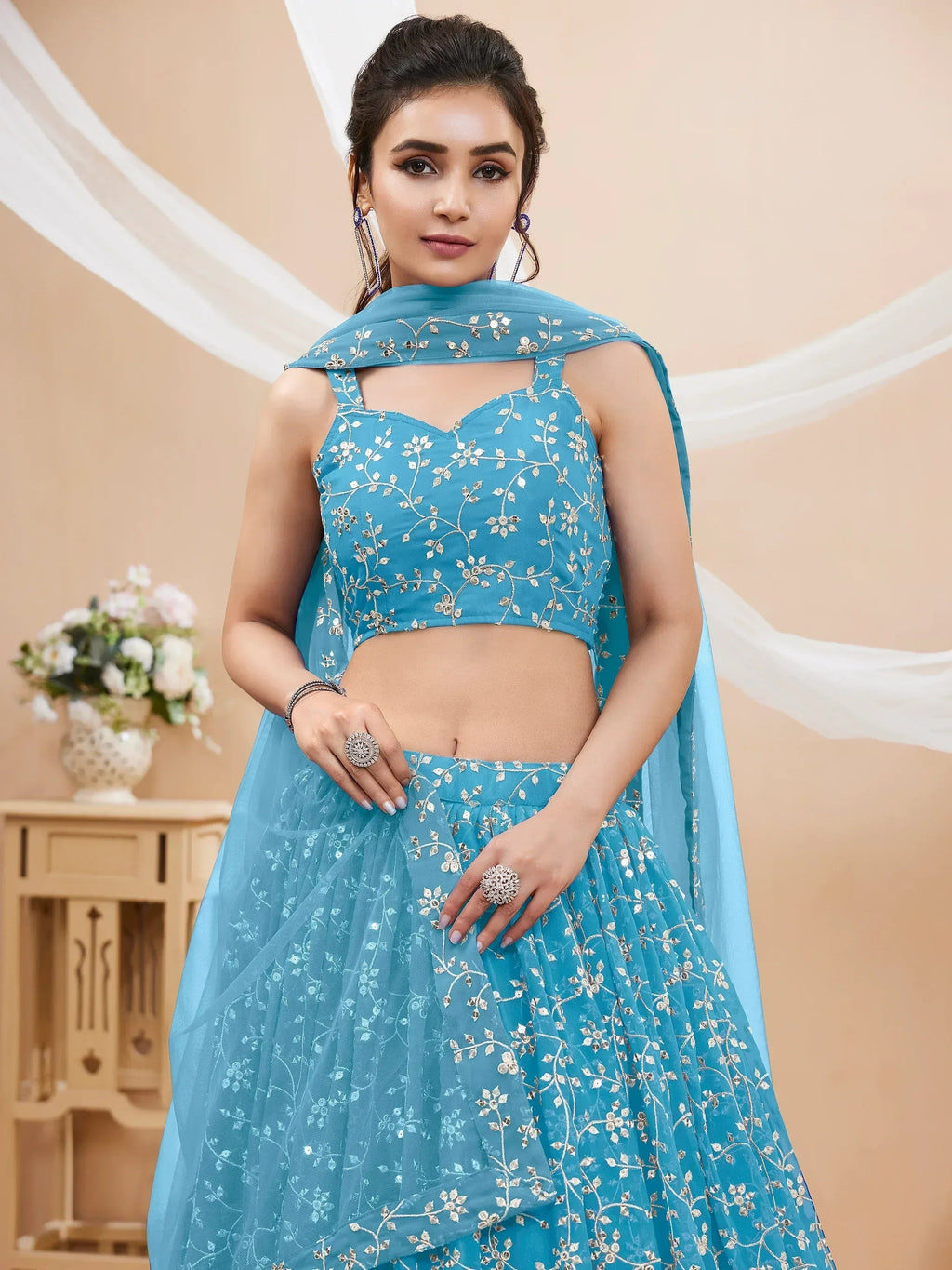 Tulsi Art Gorgeous Sky Blue Embroidered Georgette Reception Wear Lehenga Choli | Grocsy