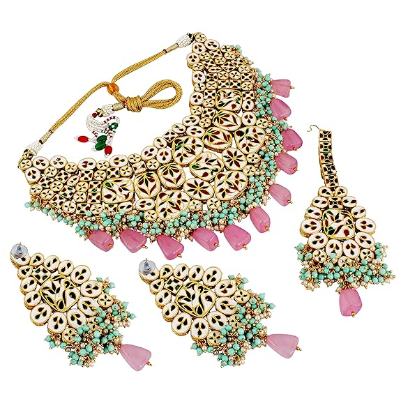 Tehzeeb Creations Back Meenakari Gold-Polished Multicolor Color Tika Earring Jewellery Set Uncut Big Faux Kundan Dibbi Kundan Choker Necklace Set | Grocsy