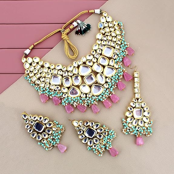 Tehzeeb Creations Back Meenakari Gold-Polished Multicolor Color Tika Earring Jewellery Set Uncut Big Faux Kundan Dibbi Kundan Choker Necklace Set | Grocsy
