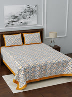 LIVING ROOTS White & Blue Ethnic Motifs Jaipuri 210 TC Cotton Double King Bedsheets With 2 Pillow Covers | Grocsy