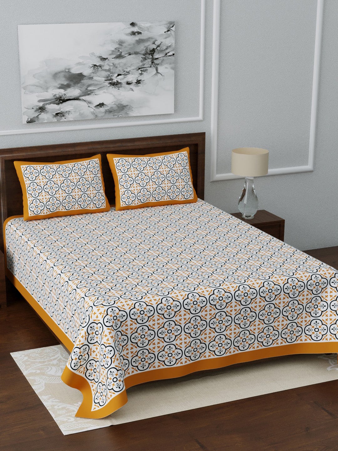 LIVING ROOTS White & Blue Ethnic Motifs Jaipuri 210 TC Cotton Double King Bedsheets With 2 Pillow Covers | Grocsy