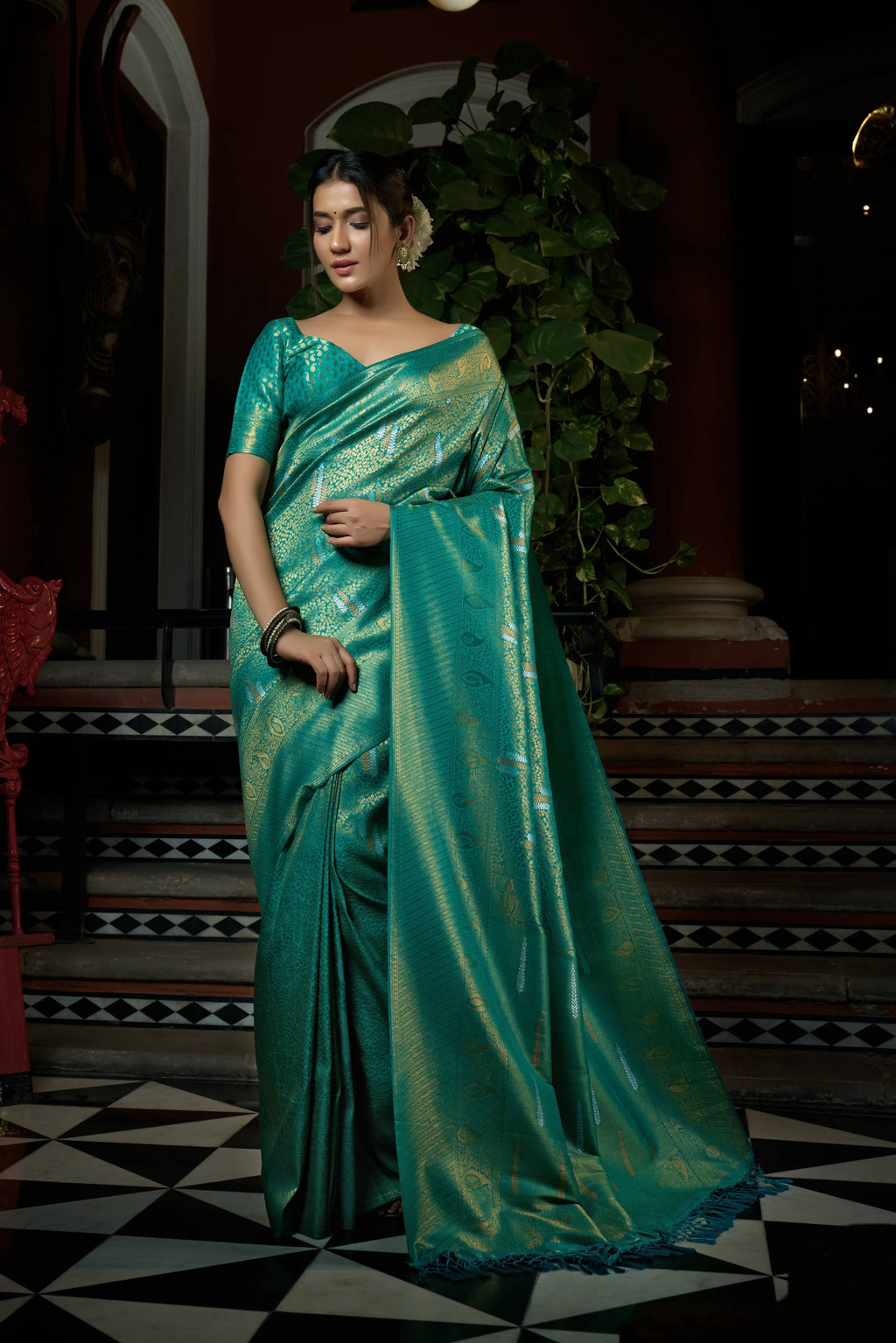 Vardha Pacific Blue Copper-Silver Zari Kanjeevaram Silk Saree | Grocsy