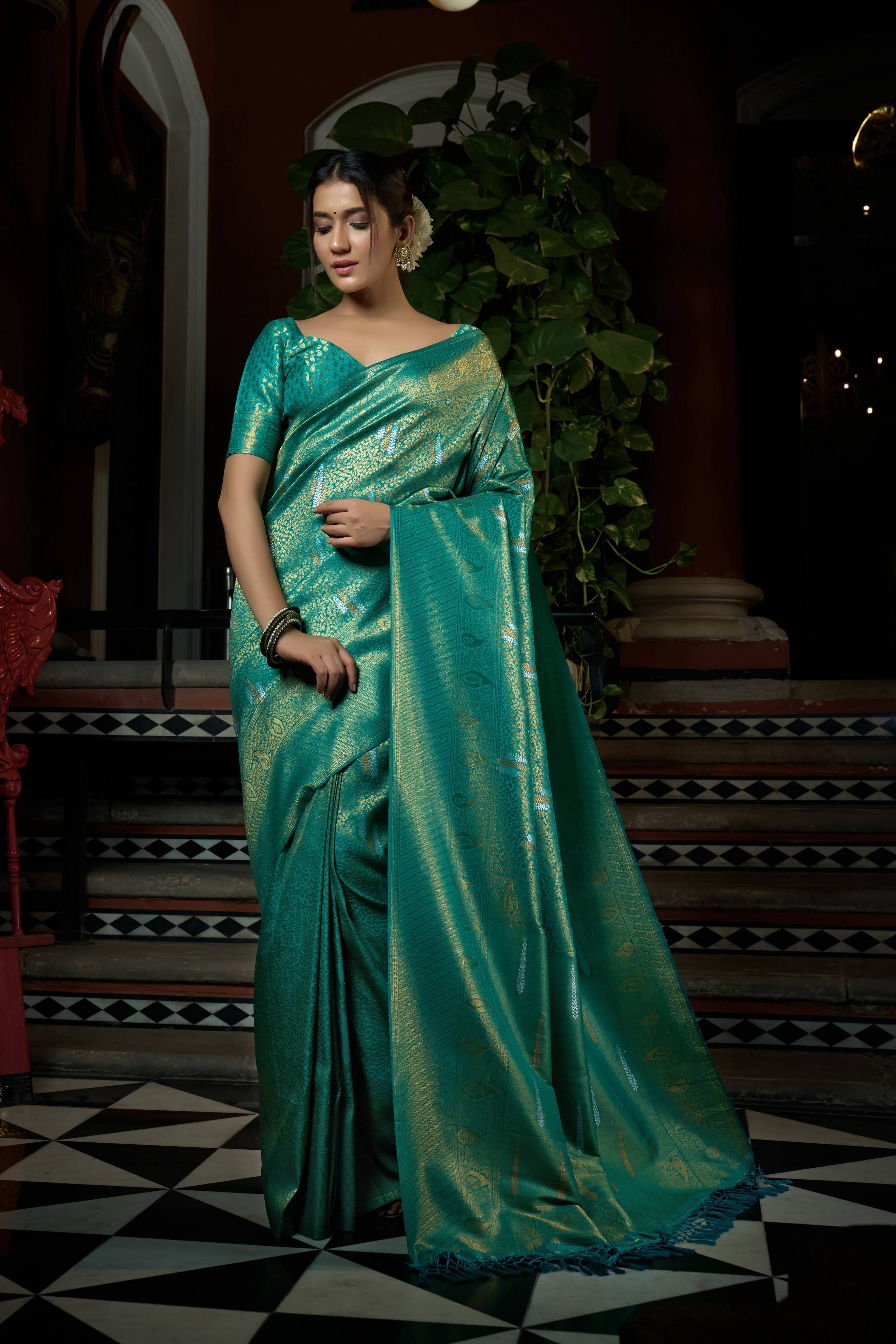 Vardha Pacific Blue Copper-Silver Zari Kanjeevaram Silk Saree | Grocsy