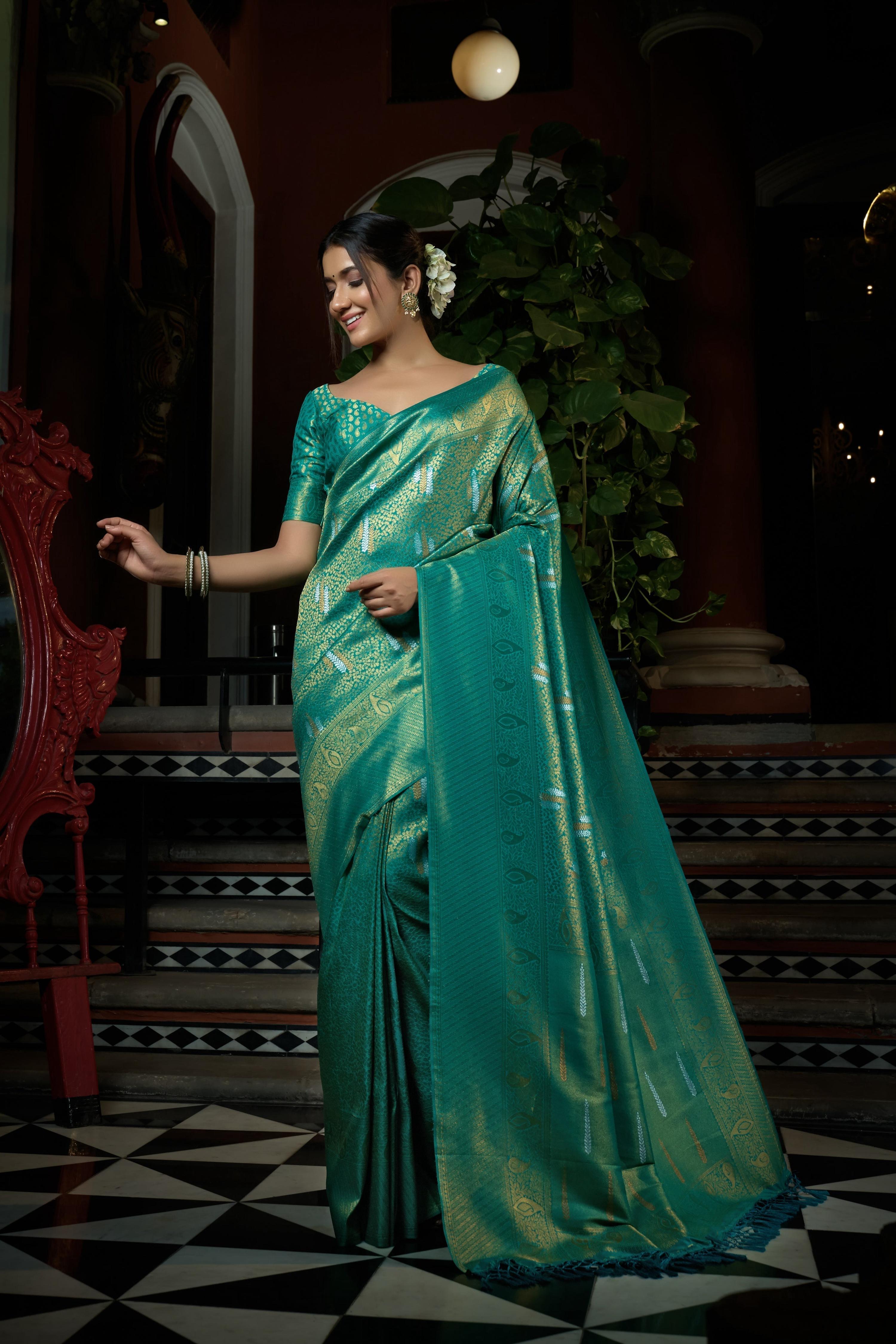 Vardha Pacific Blue Copper-Silver Zari Kanjeevaram Silk Saree | Grocsy