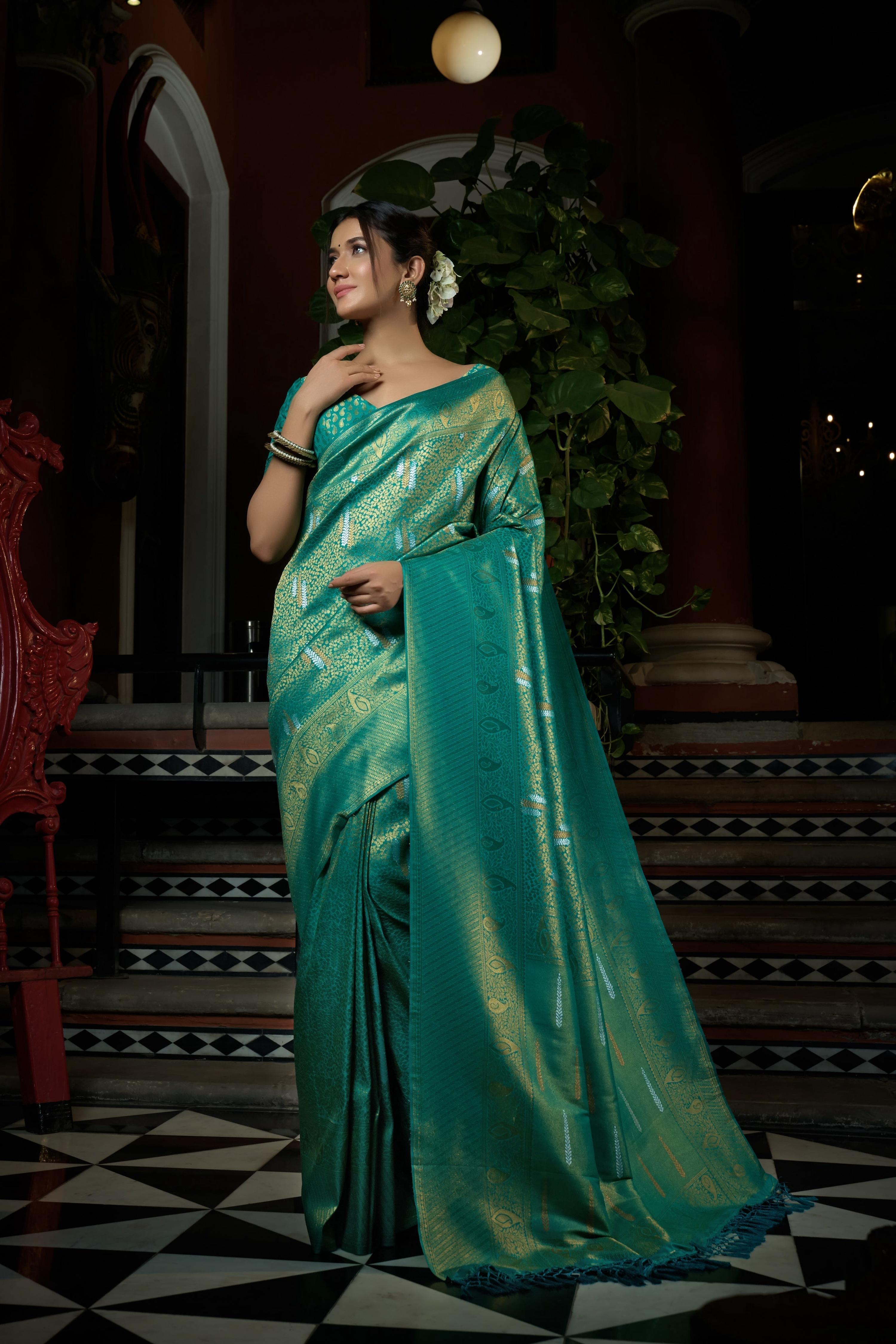 Vardha Pacific Blue Copper-Silver Zari Kanjeevaram Silk Saree | Grocsy