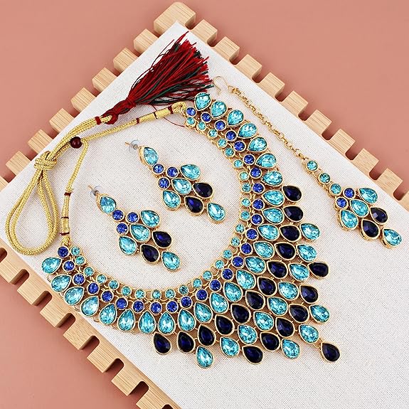 Tehzeeb CreationsDesigner Gold-Polished Elegant Stone Necklace Set For Women & Girls | Grocsy