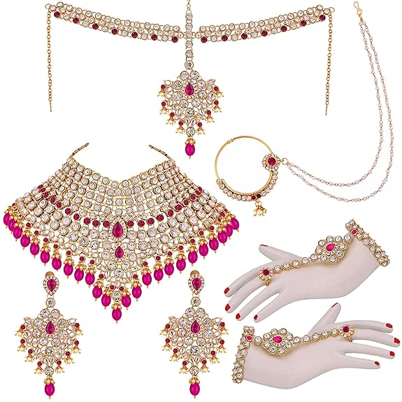 Tehzeeb Creations Designer Magenta Color Gold-Polished Dulhan Choker Bridal Set with sheeshpatti for Girls & Women | Grocsy