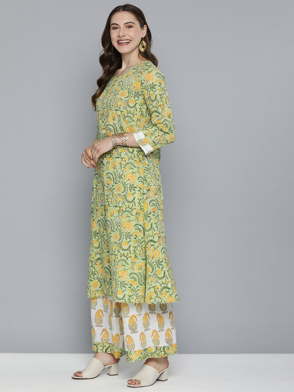HERE&NOW Floral Printed Regular Pure Cotton Kurta with Palazzos & With Dupatta | Grocsy