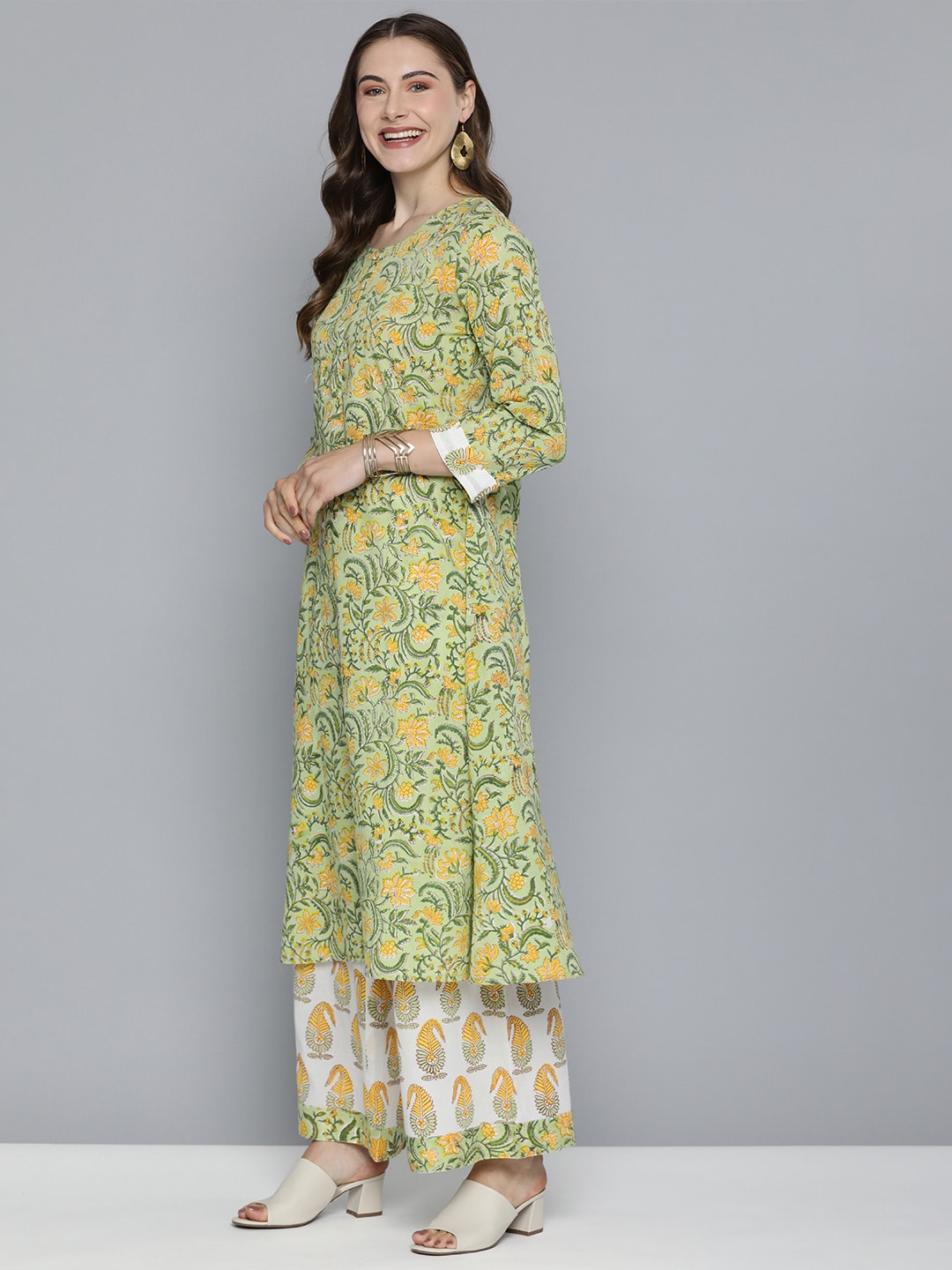 HERE&NOW Floral Printed Regular Pure Cotton Kurta with Palazzos & With Dupatta | Grocsy