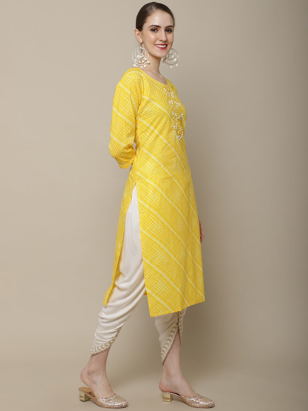 Sangria Women Yellow & White Embellished Cotton Straight Kurta | Grocsy