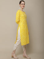 Sangria Women Yellow & White Embellished Cotton Straight Kurta | Grocsy