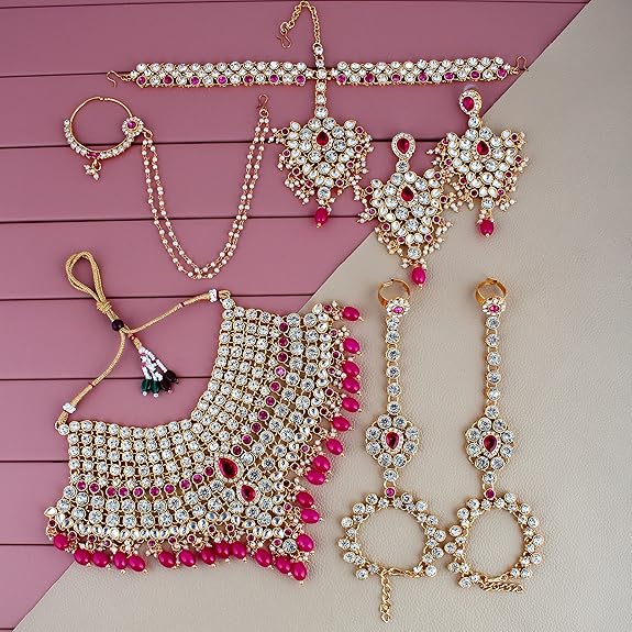 Tehzeeb Creations Designer Magenta Color Gold-Polished Dulhan Choker Bridal Set with sheeshpatti for Girls & Women | Grocsy