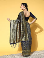 Saree Mall Navy Blue & Gold-Toned Ethnic Motifs Zari Silk Blend Banarasi Sarees | Grocsy