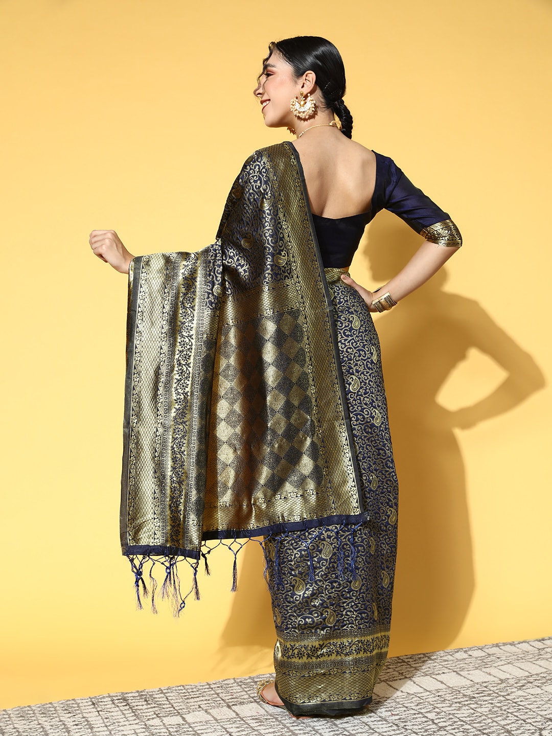 Saree Mall Navy Blue & Gold-Toned Ethnic Motifs Zari Silk Blend Banarasi Sarees | Grocsy