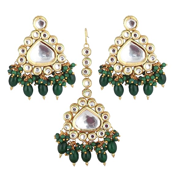 Tehzeeb Creations Gold-Polished Back Meenakari Pearl Uncut, Kundan Choker Necklace Set with Earrings and Mang Tika For Women & Girls | Grocsy