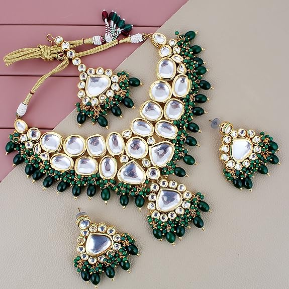 Tehzeeb Creations Gold-Polished Back Meenakari Pearl Uncut, Kundan Choker Necklace Set with Earrings and Mang Tika For Women & Girls | Grocsy