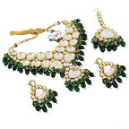 Tehzeeb Creations Gold-Polished Back Meenakari Pearl Uncut, Kundan Choker Necklace Set with Earrings and Mang Tika For Women & Girls | Grocsy