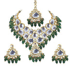 Tehzeeb Creations Gold-Polished Back Meenakari Pearl Uncut, Kundan Choker Necklace Set with Earrings and Mang Tika For Women & Girls | Grocsy