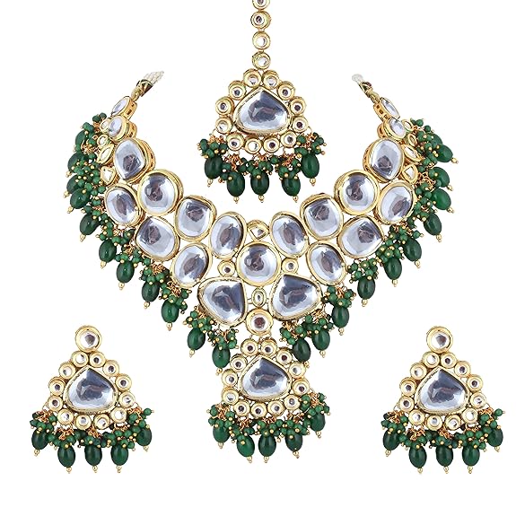 Tehzeeb Creations Gold-Polished Back Meenakari Pearl Uncut, Kundan Choker Necklace Set with Earrings and Mang Tika For Women & Girls | Grocsy